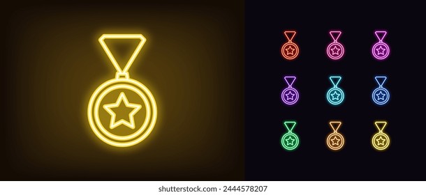 Outline neon medal icon set. Glowing neon medal with star. First place, golden medal, sport award, top reward, winner and champion trophy, game prize and achievement, contest victory. Vector icon set