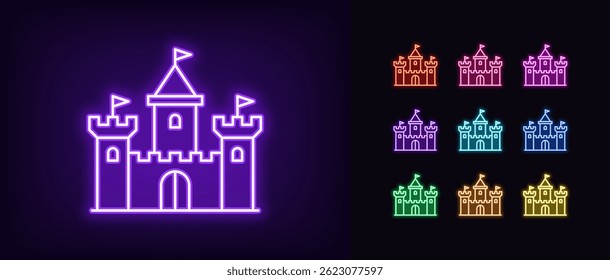 Outline neon medieval castle icon. Glowing neon king castle with towers and flags, ancient fortress icon. Fairytale palace, chateau building, knight castle, medieval kingdom. Vector icon set