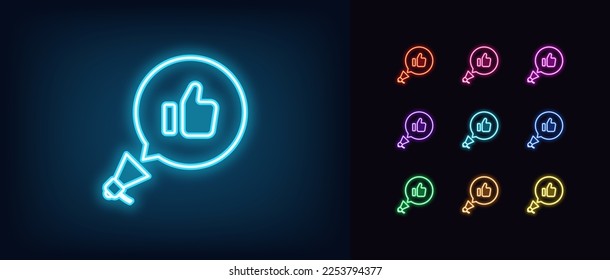 Outline neon megaphone icon. Glowing neon loudspeaker with bubble message frame and Like sign, best offer pictogram. Thumb up, approval hand, advertising announce, online promotion. Vector icon set