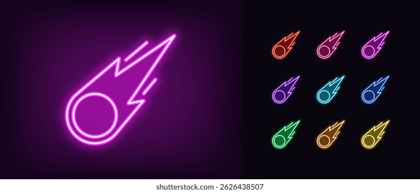 Contorno do ícone de meteorito neon. Néon brilhante caindo meteoro com cauda de fogo, ícone de bola de fogo. Voo de cometa, voo de meteorito espacial, asteroide de fogo, meteoro queimando com trilha, estrela cadente. Conjunto de ícones de vetor