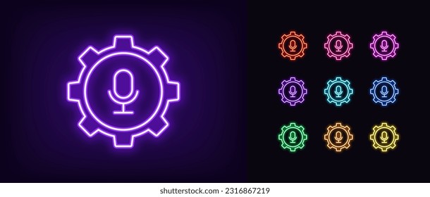 Outline neon mic settings icon. Glowing neon gear wheel with microphone sign, podcast control. Mic adjustment tool, microphone audio setting, mic voice configuration, sound fix. Vector icon set