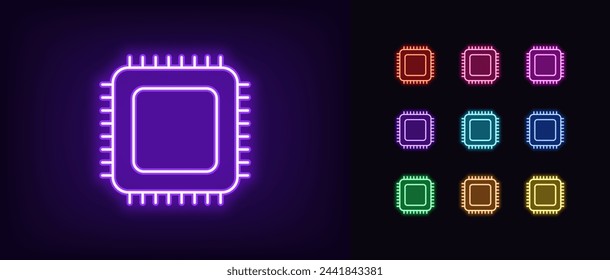 Outline neon microchip icon set. Glowing neon computing processor with connections. Computer CPU, smart microprocessor, chip microcircuit, semiconductor component, digital brain chipset. Vector icons