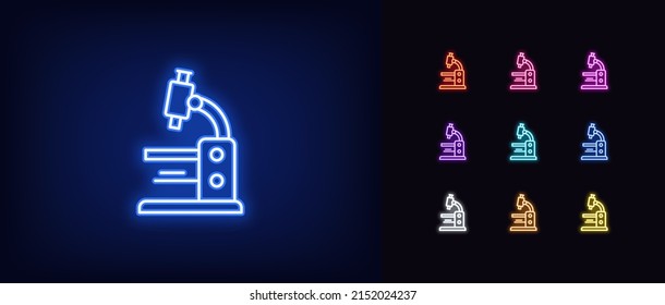 Outline neon microscope icon. Glowing neon microscope silhouette, scientific laboratory pictogram. Medical and biological research, lab instrument, science and biotechnology. Vector icon set for UI