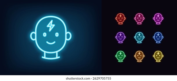 Outline neon mind energy icon. Glowing neon human head with smile and lightning icon, positive mind. Mental health, brainstorm, intelligence charge, mind power, creative idea energy. Vector icon set