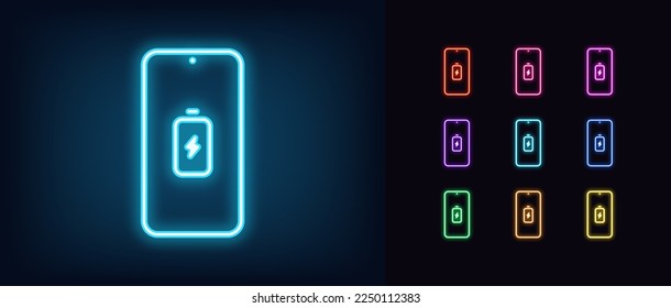 Umreißen Sie das Neon-Handy-Symbol. Glühender Neon-Smartphone-Rahmen mit Akku- und Blitzzeichen, elektrisches Ladepiktogramm. Telefonische Akkuaufladung. Smartphone-Bildschirm. Vektorsymbol-Set