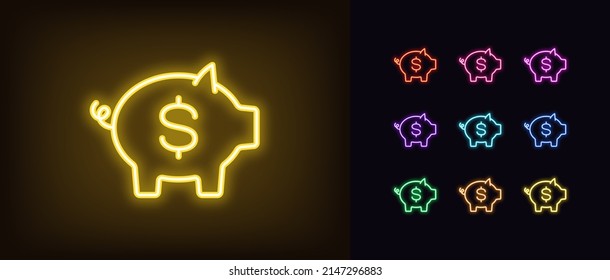 Outline neon money box icon. Glowing neon piggy bank with dollar sign, moneybox pictogram. Piggybank, investing and money saving, finance capital and investment. Vector icon set, symbol for UI