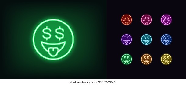 Esbozar el icono del emoji del dinero neón. Emoticono de neón brillante con ojos y lengua de dólar, pictograma de amor al dinero. Feliz emoji rico, cara ganadora, premio monetario y suerte. Conjunto de iconos del vector, símbolo para la interfaz de usuario