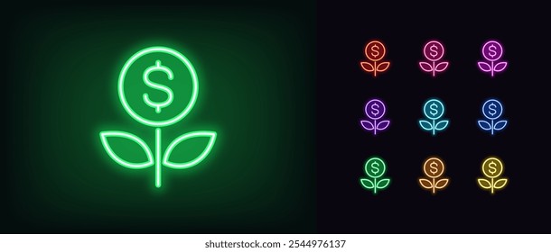 Conjunto de iconos de planta de dinero de neón. Árbol de neón brillante del dinero con el icono del dólar, crecimiento de las finanzas. Fondo de crecimiento de dinero, inversiones de beneficios, crecimiento de ganancias, prosperidad financiera, negocios de ganancias. Iconos del vector