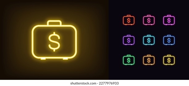 Outline neon money suitcase icon. Glowing neon briefcase with dollar sign, investment portfolio pictogram. Money and fund management, business case, finance education. Vector icon set