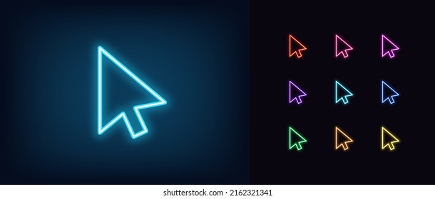 Outline neon mouse cursor icon. Glowing neon computer arrow sign to select and click, interface pointer pictogram. Digital cursor and arrow for interface navigation, web surfing. Vector icon set