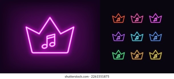 Outline neon music crown icon. Glowing neon royal crown frame with music note sign, premium sound pictogram. Music kingdom and sound empire, luxury royal party, best songs. Vector icon set