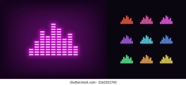 Outline neon music equalizer icon. Glowing neon sound equalizer with bars, soundwave pictogram. Musical track and sound spectrum, music player, digital equalizer for interface. Vector icon set