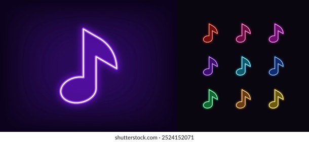 Conjunto de iconos de notas de música de neón. Forma de nota musical de neón brillante, silueta de contorno. Sonido melódico, grabación de podcast de audio, espectáculo musical y juego, festival de música, karaoke, fiesta disco. Iconos del vector