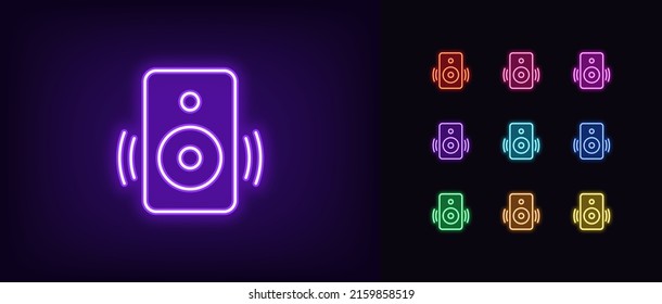 Outline Neon Music Speaker Icon. Glowing Neon Sound Speaker With Acoustic Waves, Loudspeaker Pictogram. Audio Box, Music Beats And Bass, Sound Amplifier, Disco Party. Vector Icon Set For UI