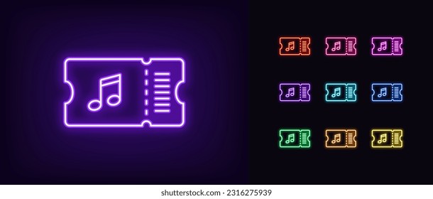 Outline neon musical ticket icon. Glowing neon ticket with music note sign, gift coupon for sound show. Pass card for dance festival and disco party, musical concert and performance. Vector icon set