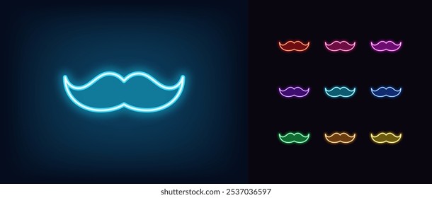 Outline neon mustache icon set. Glowing neon male mustache, gentleman image, man fashion and style. Father mustache, male beauty, hipster style, retro moustache, man face care. Vector icons