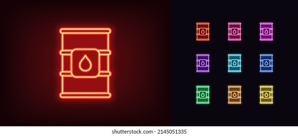 Outline neon oil barrel icon. Glowing neon oil barrel with drop sign, oil trading pictogram. Fuel export and import, oil futures, energy crisis, exchange trade. Vector icon set, symbol for UI