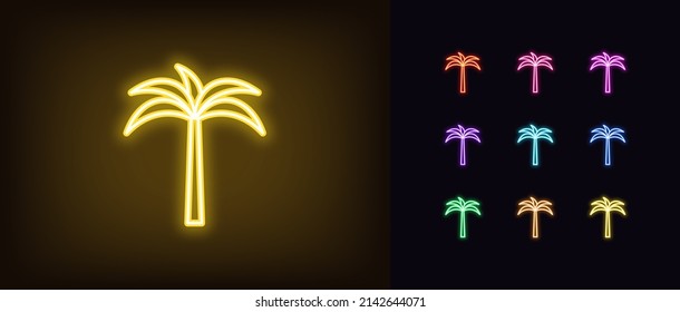 Outline neon palm tree icon. Glowing neon palm sign, tropic summer pictogram. Tropical paradise, beach party, palm tree silhouette, summer journey and resort. Vector icon set, symbol for UI