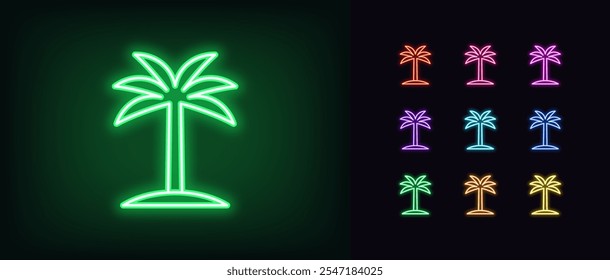 Contornar conjunto de ícones da palma de néon. Coqueiro luminoso, oásis tropical. Ilha de palma exótica e paraíso tropical, férias de verão no Havaí, praia da Califórnia, férias em Miami. Ícones de vetor