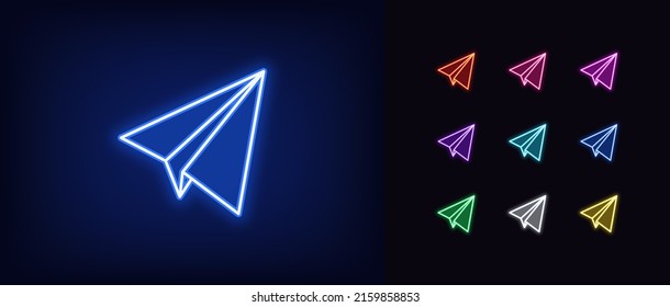 Icono de plano de neón de papel. Silhouette de neón brillante en avión, mensaje que envía pictograma. Correo por carta, envío de mensajes y noticias, avión isométrico, lanzamiento y vuelo. Conjunto de iconos del vector para la interfaz de usuario