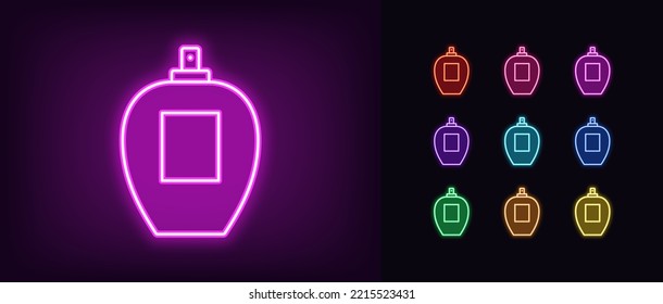 Outline neon parfum bottle icon. Glowing neon perfume bottle pictogram with spray. Perfume water and fragrances. Aroma cologne, scent and deodorant. Perfumery and cosmetic. Vector icon set