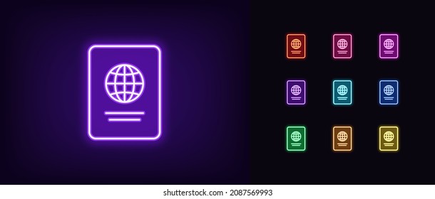 Outline Neon Passport Icon. Glowing Neon Passport Sign, Identity Card In Vivid Colors. Digital Citizenship Document, International Identity Card, Person Credential. Vector Icon Set, Symbol For UI