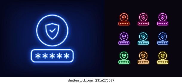 Outline neon password check icon. Glowing neon password input with shield sign, safe login in user account. Strong password and protection guarantee, secure account access in profile. Vector icon set