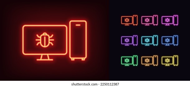 Outline neon pc malware icon. Glowing neon system unit and monitor screen frame with bug sign, cyber security hack pictogram. Error debug, software bugs, hacker and virus attack. Vector icon set