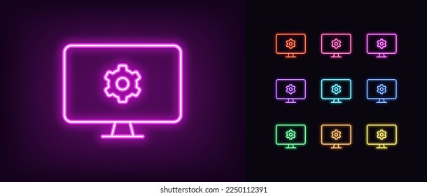 Outline neon pc monitor icon. Glowing neon monitor screen frame with gear wheel sign, display settings pictogram. Monitor screen adjustments, tune, settings control. Vector icon set