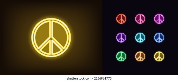 Outline neon peace icon. Glowing neon peace sign, peaceful world pictogram. No war sign, antiwar movement, pacifism, life without war, love and calm. Vector icon set for UI