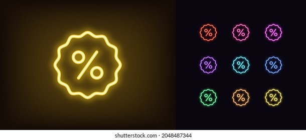 Outline neon percentage icon. Glowing neon percentage sign, discount tag pictogram in vivid colors. Online shopping, sale, discount price offer, advertising. Vector icon set, sign, symbol for UI