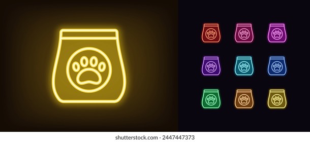 Outline neon pet food icon set. Glowing neon pet feed bag with paw sign. Dry feed for cats and dogs, pack with pet food and treat, nutritious supplements and vitamins for animals, petshop. Vector icon