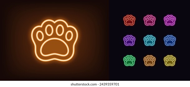 Outline neon pet paw icon set. Glowing neon cute paw sign and silhouette. Animal footprint, kitten or puppy paw, pet care and aid, animal shelter and vet, cat and dog shop, pet health. Vector icon set