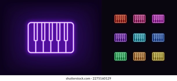 Outline neon piano icon. Glowing neon piano keyboard sign, musical instrument pictogram. Classical music, pianoforte melody, jazz show and performance, piano keys and sound. Vector icon set
