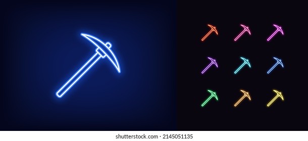 Outline neon pickaxe icon. Glowing neon pickaxe silhouette, crypto mining pictogram. Pickax tool, cryptocurrency mining, production digital gold and tokens. Vector icon set, symbol for UI