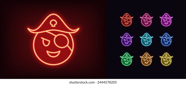 Umriss Neon Pirate Emoji Icon Set. Leuchtendes Neon-Korsar-Emoticon mit Hut und Patch auf Auge. Nettes Piratengesicht mit Lachen, lustiges Korsar-Emoji und Kapitän mit Lächeln, Abenteuer und Piraterie. Vektorsymbole