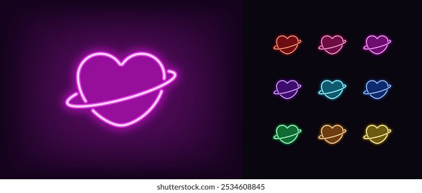 Outline neon planet love icon set. Glowing neon planet with heart shape, love world, space heart universe. Amour planet, passion world, cosmic heart, romantic love universe, valentine day. Vector icon