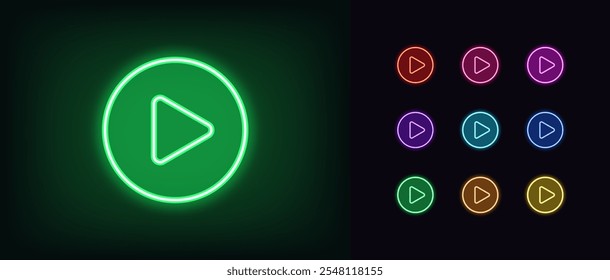 Outline neon play button icon set. Glowing neon round play button, start media icon. Streaming service, multimedia player, start play, music and video content, game stream, entertainment. Vector icons