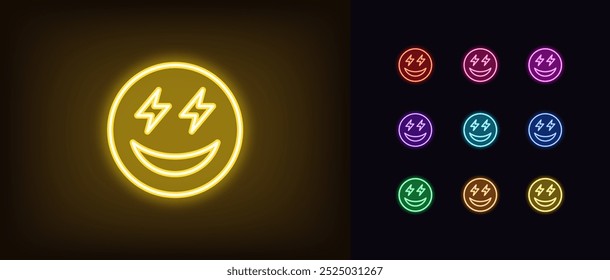 Conjunto de iconos de emoji de placer de neón. Emoji de neón brillante con ojos relámpago y sonrisa. Emoticono de emoción, sensación de anticipación, cara de entusiasmo, sorpresa, ojos brillantes, sentimiento positivo. Iconos del vector