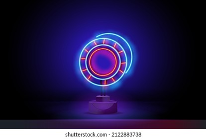 Outline neon poker chip icon. Glowing neon poker chip, gaming token pictogram in vivid colors. Online casino, poker game, playing chip, lucky bet. Vector icon