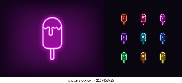 Outline neon popsicle icon. Glowing neon ice cream with stick, eskimo pie pictogram. Popsicle ice cream with melt chocolate, frozen sweet dessert, ice cream shop. Vector icon set for UI