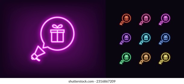 Outline neon promotion megaphone icon. Glowing neon loudspeaker with bubble message and gift box sign, give away announce. Birthday surprise, gift giveaway, bonus offer and present. Vector icon set