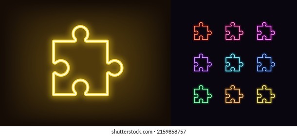 Outline neon puzzle part icon. Glowing neon jigsaw puzzle piece, app addition pictogram. Business solution, game challenge, gaming plugin, extension and addon. Vector icon set for UI