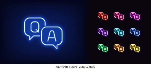 Outline neon QA icon. Glowing neon Questions and Answers sign with speech bubble, business FAQ. Expert help and client assistance service, customer support chat. Advice and solutions. Vector icon set