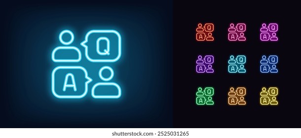 Conjunto de iconos de neón QA. Preguntas y respuestas de neón brillante, usuarios con burbuja de discurso en el chat de negocios. Foro de asesoramiento, grupo de ayuda de expertos, asistencia al cliente en vivo, chat de Asistencia al cliente. Iconos del vector