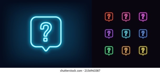 Outline neon question bubble icon. Glowing neon question mark in bubble message, help and FAQ pictogram. Support chat, ask question, questionnaire and quiz chat. Vector icon set for UI