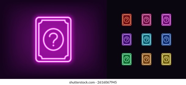 Outline neon quiz card icon. Glowing neon play card with question mark, guessing game icon. Quiz time, trivia game show, tarot card, guess answer, questionnaire, quiz competition. Vector icon set