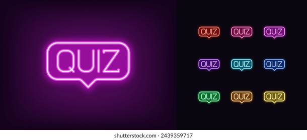 Conjunto de iconos de quiz de neón esquemático. Prueba de texto de neón brillante dentro de la burbuja del habla. Mensaje del juego, tiempo del examen, juego de la trivia, cuestionario y entrevista, espectáculo del juego con preguntas y respuestas. Conjunto de iconos vectoriales