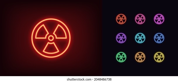 Outline neon radiation icon. Glowing neon radiation sign, hazard pictogram in vivid colors. Nuclear energy, danger zone, radioactive pollution and waste, nuke. Vector icon set, sign, symbol for UI