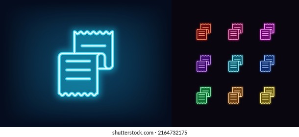 Outline Neon Receipt Icon. Glowing Neon Invoice Paper Sign, Digital Receipt Pictogram. Paper Check, Online Payment And Purchase, Order Document, Total Bill, Tax Report. Vector Icon Set